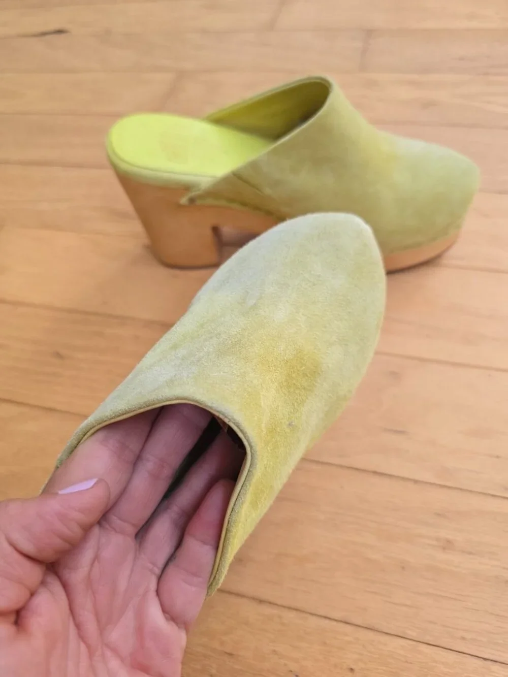 Charlotte Stone | Marlo Lime Green Suede Retro Wooden Platform Mules | WMS 6